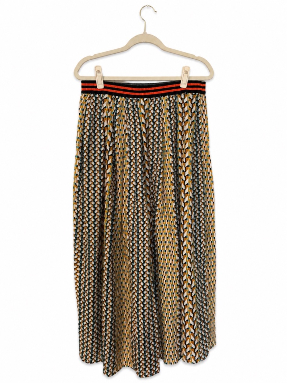 Benetton Pleated Maxi Skirt Women’s L Geometric Print Elastic Waist
